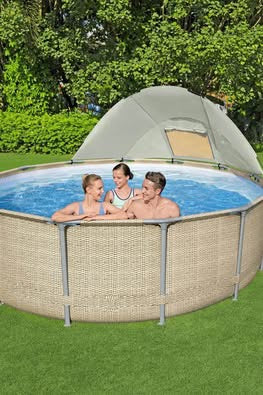 Piscine hors sol ronde Power Steel avec auvent 396x107cm rotin beige