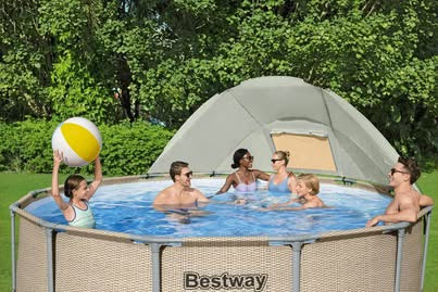 Piscine hors sol ronde Power Steel avec auvent 396x107cm rotin beige