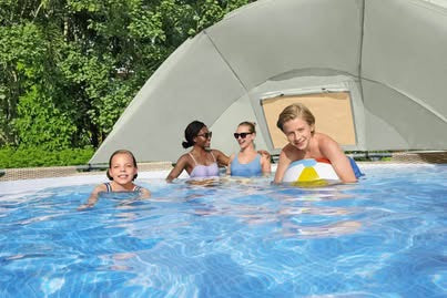 Piscine hors sol ronde Power Steel avec auvent 396x107cm rotin beige